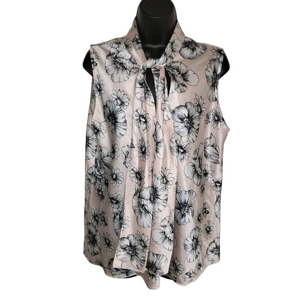 Anne Klein Tie Neck Sleeveless Satin Floral Blouse top Size XL - Picture 1 of 7